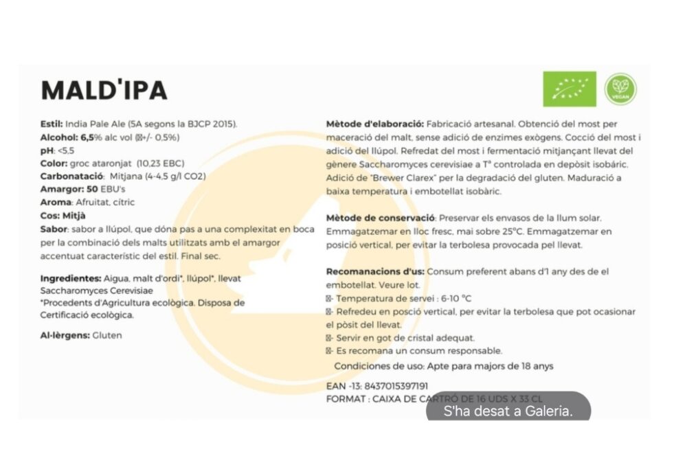 Cervesa artesanal Mald'Ipa característiques