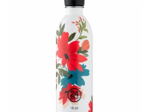 Ampolla reutilitzable 24Bottles Urban Cara d’1 litre, amb estampat floral vermell i blau.